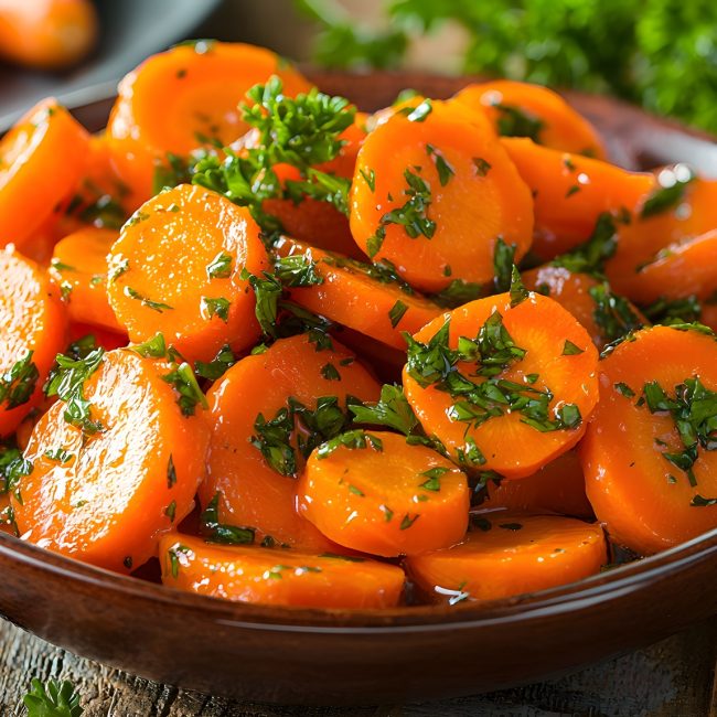 A vibrant dish of sliced glazed carrots topped with fresh herbs, perfect for a healthy side dish. Enjoy the colorful presentation on a rustic wooden table.