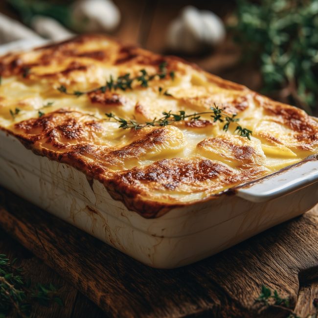 Gratin dauphinois cooling on a wooden surface next to scattered thyme and rosemary