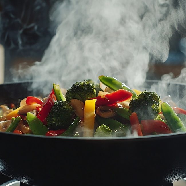 Veggie stir fry in wok with steam