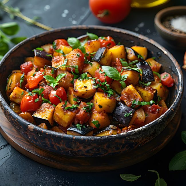 Roasted Vegetable Ratatouille with Eggplant, Zucchini, and Tomatoes in Rustic Bowl on Dark Table